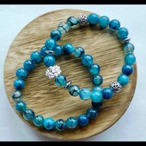 Blue Dragon Vein Agate Lotus Stone Crystal Bead Bracelet Set Blue Silver Stack